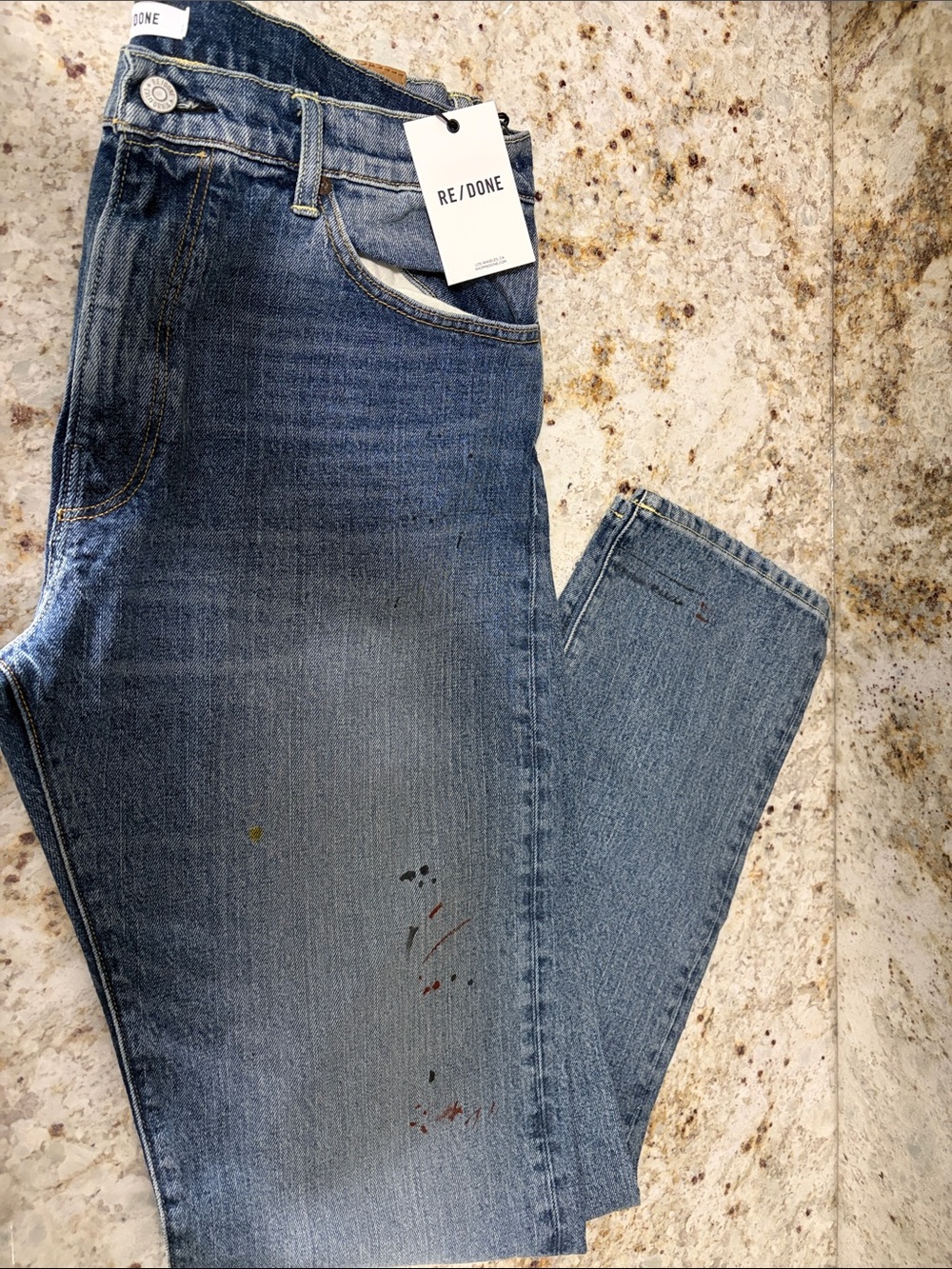 Re/Done Women Faded Blue Paint Splatter Straight Jeans